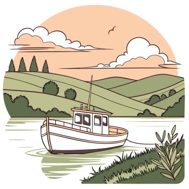 Huzurlu Balıkçı Teknesi Sunset 'te sakin sular ve arka planda manzarayla demirli. Doğa ve macera teması için ideal. Yapay zeka üretildi. Vektör simgesi