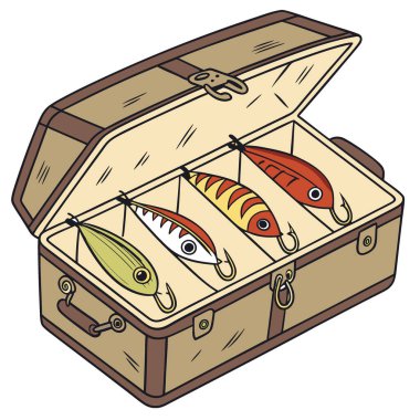Renkli balık yemleriyle dolup taşan eski bir alet çantasının yakın plan çekimi. Karmaşık detaylarını ve yapay zekanın yarattığı çeşitliliği gösteriyor. Vektör simgesi