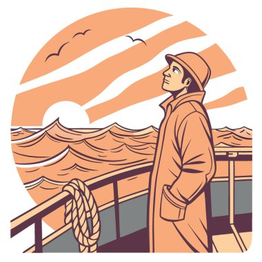 Turuncu yağmurluklu bir balıkçı gün batımında açık sularda bir balıkçı teknesinde kayan dalgalara dikkatle bakar. Yapay zeka üretildi. Vektör simgesi