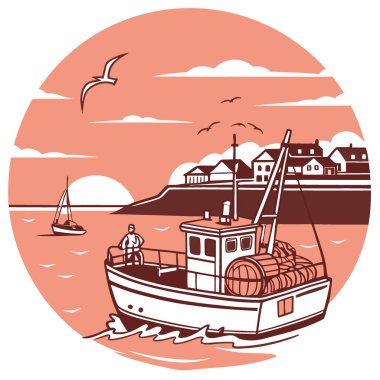 Balıkçı teknesi limana dönüyor. Güneş arka planda batarken limana giden bir balıkçı teknesinin tasviri yapay zeka tarafından oluşturuldu. Vektör simgesi