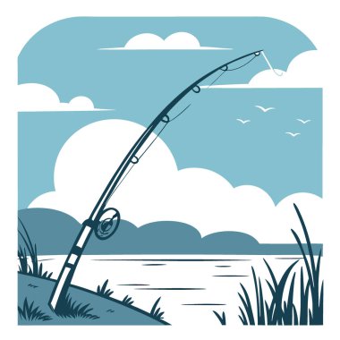 Suda oltası olan bir olta kamışı. Pofuduk bulutlu parlak mavi bir gökyüzüne gölge düşürüyor. Balık tutmak için mükemmel bir gün yapay zeka üretildi. Vektör simgesi