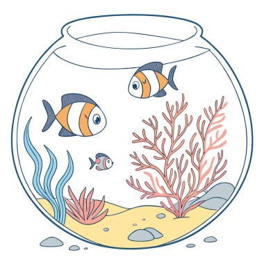 Çok çeşitli deniz canlıları olan büyük cam bir akvaryum. Parlak balıklar da dahil. Mercanlar. Yumuşak ışıkla aydınlatılan deniz bitkileri yapay zeka oluşturur. Vektör simgesi