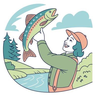 Elinde taze balık tutan kişi. Canlı renklerini ve detaylarını sergiliyor. Sahne, balıkçılık zevkini ve doğanın güzelliğini yakalar. Yapay zeka üretildi. Vektör simgesi