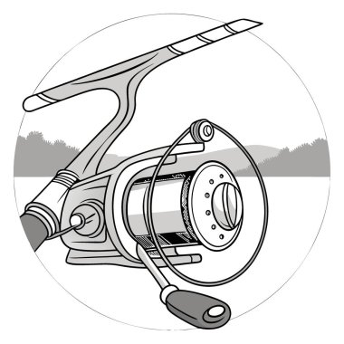 Balıkçı makarasının ayrıntılı görüntüsü vites malzemeleri ve özellikleri. Öğleden sonra balığa çıkanlar için tasarlandı. Yapay zeka üretildi. Vektör simgesi