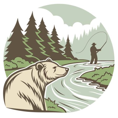 Nehirdeki bir ayının yakın çekimi. Arka planda balık tutan biriyle. Yapay zekanın yarattığı doğa ve vahşi yaşam etkileşiminin güzelliğini gösteriyor. Vektör simgesi