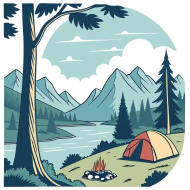 Görkemli dağlarla çevrili el değmemiş bir göl kenarında sakin bir kamp yeri. Yapay zekanın yarattığı doğanın kucağında macera ve rahatlamaya davet etmek. Vektör simgesi