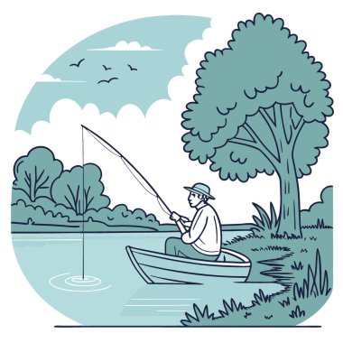Sakin bir gölde balık tutan bir adam. Bir tekne ve sakin bir çevreye sahip. Rahatlama ve sabır göstergesi. Yapay zekanın oluşturduğu doğa blogları için ideal. Vektör simgesi