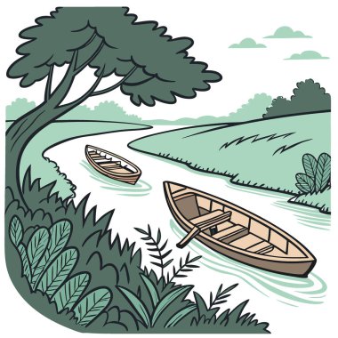 Balıkçı tekneleri Ters Akıntılarda Sürükleniyor Kuzey Huzurlu Manzarası 'nda Huzurlu Su Yolu' nda yüzen tahta gemilerle. Yapay zeka üretildi. Vektör simgesi