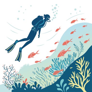 Canlı bir sualtı sahnesine dalmış bir dalgıç. Etrafı balık sürüleriyle çevrili. Yapay zekanın yarattığı deniz yaşamının güzelliğini ve huzurunu gözler önüne seriyor. Vektör simgesi