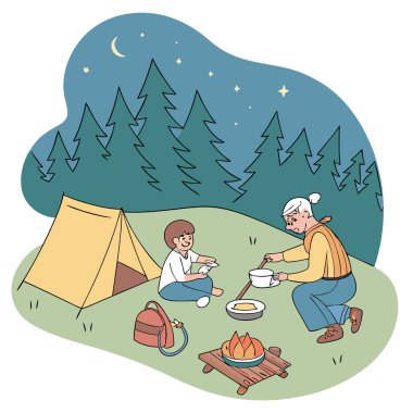 Büyük anne ve büyük babalarla bir kamp gezisi. Açık hava hakkındaki bilgilerini genç kuşakla paylaşacaklar. Aşk ve yaratıcılık. Yapay zeka üretildi. Vektör simgesi