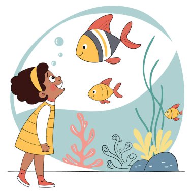 Küçük mutlu bir kız tropikal balık izliyor. Büyük bir akvaryumda deniz yaşamı. İyi tatiller. Aile hafta sonları. Gezici kavramları yapay zeka yarattı. Vektör simgesi