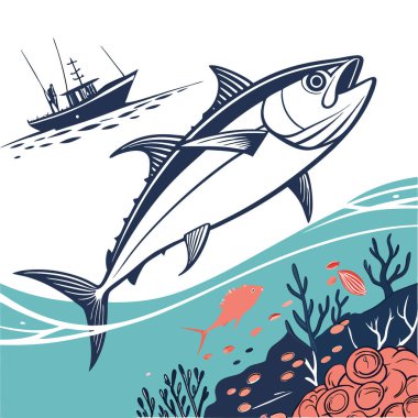 Arka planda balıkçı teknesi olan büyük bir ton balığının dramatik su altı perspektifi. Yapay zekanın yarattığı spor balıkçılığının heyecanını vurgulamak. Vektör simgesi