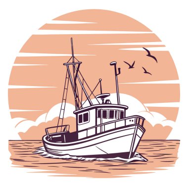 Güneş batarken bir balıkçı teknesi suyun üzerinde huzur içinde dinleniyor. Altın yansımaları sergiliyor ve sakin çevreyi vurguluyor. - Evet. Yapay zeka üretildi. Vektör simgesi