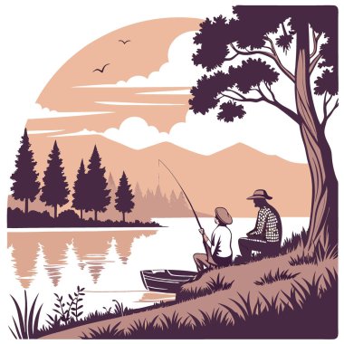 Bir çift gün batımında sakin bir gölde birlikte balık tutmayı seviyor. Bereketli ağaçlar ve sakin sularla çevrili. Huzurlu bir atmosfer yaratıyor. Yapay zeka üretildi. Vektör simgesi