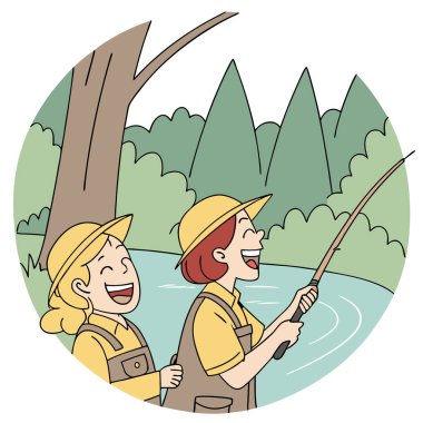 İki Kız Kardeş Bir Nehirde Balık Avlama Macerasına Olta atarken Güler. Ömür boyu sürecek anılar yaratmak. Yapay zeka üretildi. Vektör simgesi