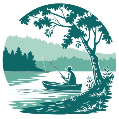 Tekneyle balık tutmanın düz bir çizimi. Olta kamışı Ve yeşil ve mavi tonlarda su. Barışçıl bir açık hava aktivitesini temsil ediyor. Yapay zeka üretildi. Vektör simgesi