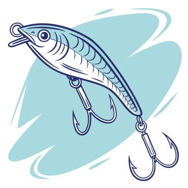 Açık turkuaz arka planda canlı bir mavi balık yemi. Başarılı bir yakalayış için parlak tasarımını ve gerçekçi detaylarını sergiliyor. Yapay zeka üretildi. Vektör simgesi