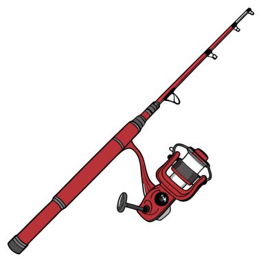 Beyaz arka planda canlı kırmızı bir olta ve makara. Şık tasarımını sergiliyor ve yapay zekanın oluşturduğu maceralı bir balık tutma gününe hazır. Vektör simgesi