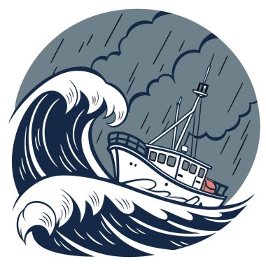 Balıkçı teknesi tropikal fırtına sırasında çalkantılı dalgalarda savaşır. Doğanın gücünü ve denizcilik faaliyetlerinin dayanıklılığını gösteriyor. Yapay zeka üretildi. Vektör simgesi