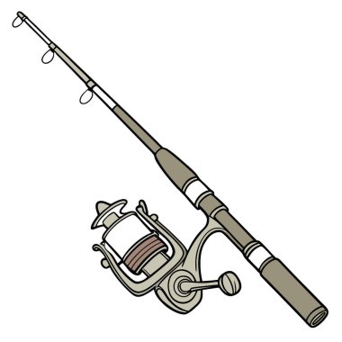 Beyaz arka planda bobin ve ahşap saplı olta. Balıkçılar için ideal. Balık tutanlar. Yapay zekanın yarattığı bir doğa macerası. Vektör simgesi