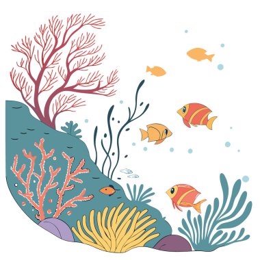 Canlı bir mercan resifi renkli mercanlar ve balıklarla doludur. Güzel sualtı biyolojik çeşitliliğini gün ışığında gösteriyor. Yapay zeka üretildi. Vektör simgesi