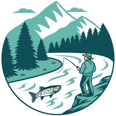 Dolly Varden Fly Fly Fishing in Stunning Alaska Wilderness... Bakire Doğa 'daki Avın Heyecanını Yakalıyor... Manzaralı Macera Vibes. Yapay zeka üretildi. Vektör simgesi