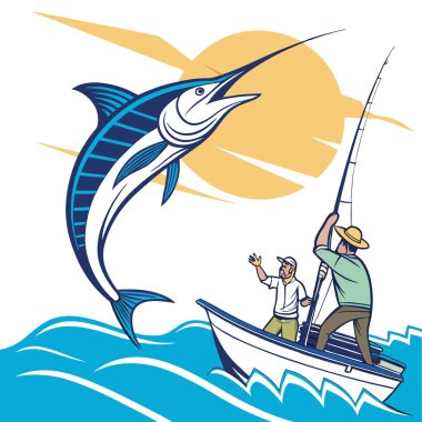 Açık mavi suların üzerinde parlak güneş ışığı altında heyecanlı bir balık avı macerası sırasında okyanustan atlayan bir kılıçbalığının heyecanı. Yapay zeka üretildi. Vektör simgesi