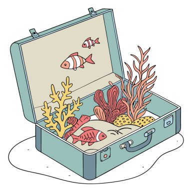 Şeffaf bir bavulun içinde okyanus. Balık. Mercan. Zengin renkler. gerçek dışı sanatsal fotoğrafçılık. Kavram. Seyahat ve çevresel etki. 16.9. Yapay zeka üretildi. Vektör simgesi