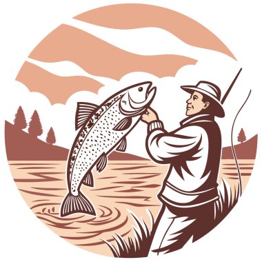 Yeni yakalanmış bir balığı tutan bir balıkçının yakın çekimi. Nehre kısmen batmış. Gün batımında Suyun içinde dalgalanmalar yaratarak yapay zeka oluşturdu. Vektör simgesi