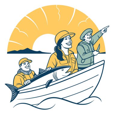 Bir grup arkadaş, taze avlarını bir teknede tutarken sevinçle tezahürat yapıyor. Arka planda güneş okyanusun üzerinde batarken. Yapay zeka üretildi. Vektör simgesi