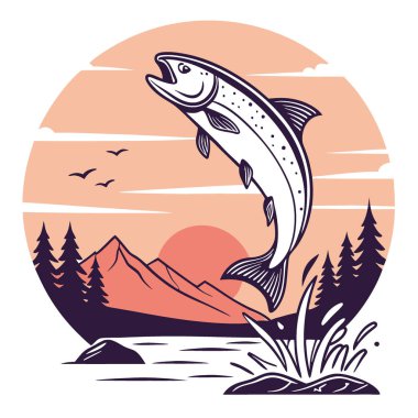 Canlı bir günbatımı arka planı sıçrayan bir balığı ön plana çıkarıyor. Balık tutmanın heyecanını yakalıyorum. Açık hava için mükemmel. Macera. Yapay zekanın ürettiği spor temaları. Vektör simgesi