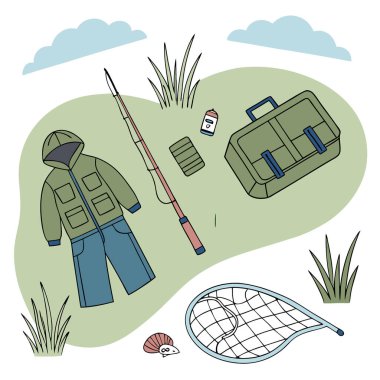 Balıkçılık ekipmanları açık havada, doğal hayatı, tepeden tırnağa manzaralı balıkçı kıyafetlerini, su geçirmez ceket ve pantolonları ile sergiliyor. Yapay zeka üretildi. Vektör simgesi