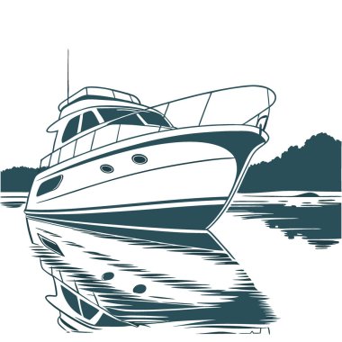 Gösterişli. Modern tekne cepheden gösteriliyor. Sakin sularda yüzüyordu. Yapay zekanın oluşturduğu sakin bir zemin karşısında pürüzsüz çizgilerini ve tasarımını sergiliyor. Vektör simgesi