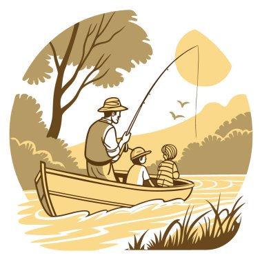 Çocukları ve çocukları olan baba ellerinde olta ve balık tutan bir teknede. Nehirde açık havada. Güneş ışığı. Metin için boşluk. Yapay zeka üretildi. Vektör simgesi