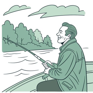 Yeşil ceketli bir adam teknede otururken gülümsüyor ve olta tutuyor. Rahatlama ve açık havada eğlenme kavramı. Yapay zeka üretildi. Vektör simgesi