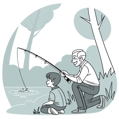 Gizli Büyükbaba Torun Balıkçılık Gölü Doğal Serinkanlı İlişki Deneyimi Açık Hava Faaliyetleri Fotoğraf Stoku Konsepti. Yapay zeka üretildi. Vektör simgesi