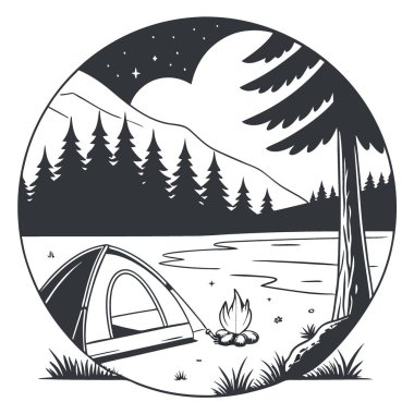Sakin bir gölün yakınındaki çadırdan gelen sıcak bir parıltı yıldızların ve doğanın güzelliğini yansıtır. Samimi bir kamp ateşi, sakin çölün ortasında çatırdıyor. Yapay zeka üretildi. Vektör simgesi