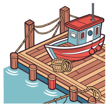 Balıkçı teknesi rıhtımının ayrıntıları deniz temalı yapay zeka projeleri için ideal olan sakin mavi su arka planına karşı canlı renkler ve dokular gösteriyor. Vektör simgesi