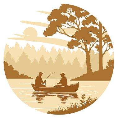Sis ve altın güneş ışığıyla çevrili sakin bir gölde iki kişi kayıkta balık tutuyor. Huzurlu ve huzurlu bir doğa sahnesi yaratarak yapay zekayı oluşturdu. Vektör simgesi