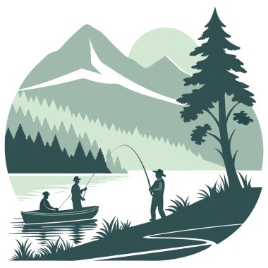 Arka planda dağlarla sakin gölde balık tutmak. İki figür huzurlu manzaranın tadını çıkarıyor. yumuşak doğal ışık barışçıl atmosferi güçlendirir. Yapay zeka üretildi. Vektör simgesi