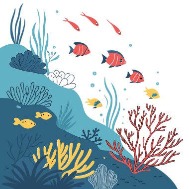 Canlı bir sualtı dünyası, hareketli bir mercan resifini gözler önüne seriyor. Parlak mavi sularda deniz şakayıkları ve mercanların arasında yüzen renkli balıklarla. Yapay zeka üretildi. Vektör simgesi