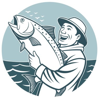 Büyük balığı tutan adam. Gururla gülümsüyor. Arka plandaki su başarılı bir balıkçılık gezisi olduğunu gösteriyor. Başarı ve sevinç ifadeleri yapay zekanın oluşturduğu aşikar. Vektör simgesi