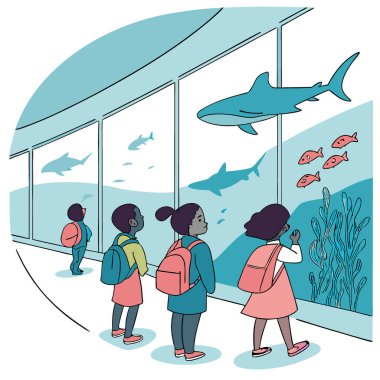 Yapay zeka tarafından oluşturulan bir gezi sırasında bir akvaryumda köpekbalıklarını ve diğer deniz yaşamını izleyen sırt çantaları takan bir grup okul çocuğunun fotoğrafı. Vektör simgesi