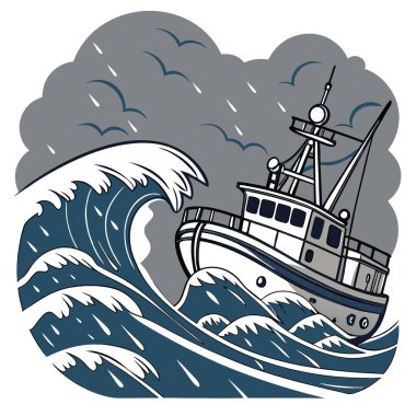 Çalkantılı deniz sularında yol alan güçlü bir balıkçı teknesi sıçramalar ve kaosun ortasında. Sabahın erken saatlerinde deniz zorlukları sergileniyor. Yapay zeka üretildi. Vektör simgesi