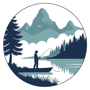 Yalnız bir balıkçı şafak vakti dingin sulara bir halat atar. Sis ve çarpıcı dağ manzarasıyla kaplı. Huzurlu bir atmosfer yaratmak. - Evet. Yapay zeka üretildi. Vektör simgesi