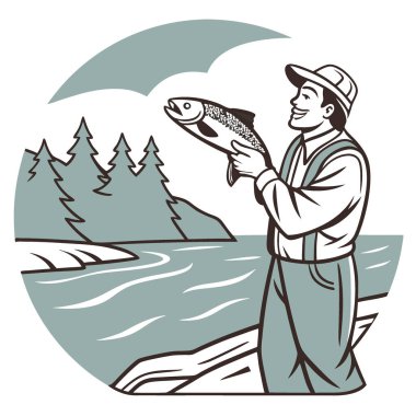 Başarılı bir yakalama gösterisi. Bir balıkçı elinde bir balık tutar. Açık hava eğlencesi ve yaban hayatının takdir edilme ruhunu somutlaştırıyor. Yapay zeka üretildi. Vektör simgesi