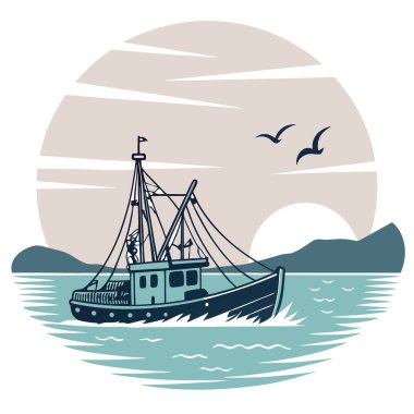 Şafakta bir balıkçı teknesinin huzurlu bir görüntüsü. Suya ağ atıyorlar. İnsanlar ve okyanusun cömertliği arasındaki bağlantıyı vurgulayan yapay zeka. Vektör simgesi