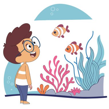 Heyecanlı genç bir çocuk. Gözlük takıyor. Yapay zekanın ürettiği renkli mercan ve tropikal balıklarla büyük bir akvaryum tankında güzel deniz yaşamını gözlemlemek. Vektör simgesi