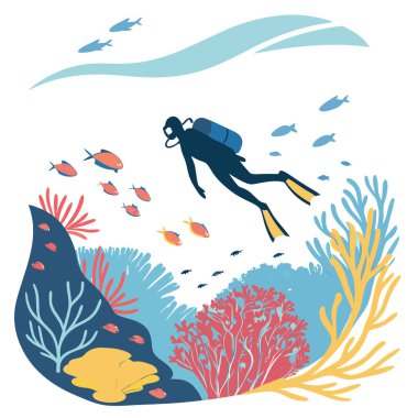 Kristal berrak okyanus sularının altında renkli balıklarla dolu canlı mercan resiflerini keşfeden bir dalgıç. Yapay zekanın ürettiği su altı biyolojik çeşitliliği. Vektör simgesi