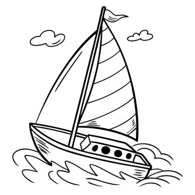 Çizgi filmdeki tekne. Karalama stili. Tişört için görüntü. Logoda izole edilmiş 2d vektör çizimi. İkonum. Eskiz tarzı. Eps 10. Siyah ve beyaz. Al. Yapay zeka üretildi. Vektör simgesi